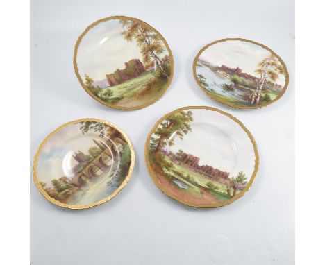 Four Royal Worcester printed painted wall plates, decorated with Hereford Cathedral, Oystermouth Castle, Kenilworth Castle an