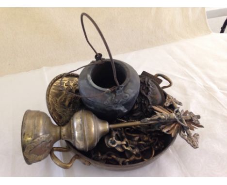 A small quantity of brass & copper items to include a 2 handled pan, an unusual brass chain and a glue pot.