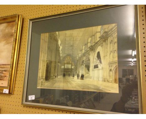 A framed & glazed coloured print of a City of London building interior. 46 x 56cm.