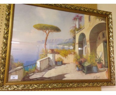 A large framed & glazed print of a mediterranean terrace scene by A. Pisani. 56 x 77cm.