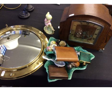 A Royal Worcester figure ‘March’, brass framed mirror, mantel clock, etc.
