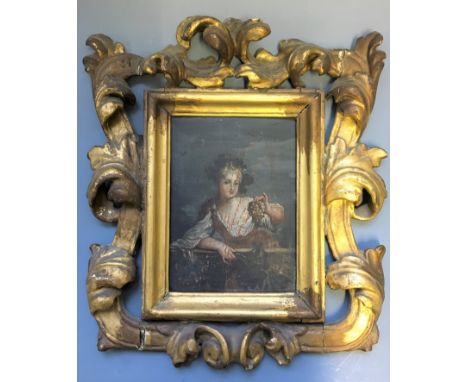 Gilt ornate framed oil on panel, early eighteenth century portrait depicting female holding branch and grapes and wearing a w
