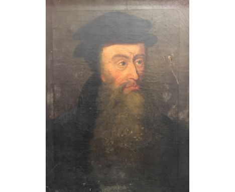 Framed, oil on canvas, 17th Century portrait of bearded male wearing black hat, 61cm x 44cm.