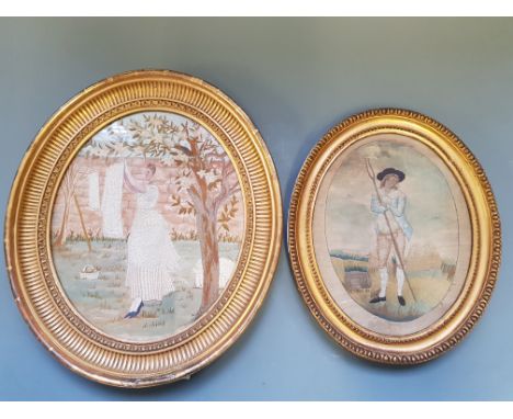 Gilt farmed oval silk embroidery depicting lady hanging out washing signed, and one other silk embroidery of farmer with pitc