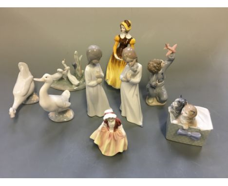 Nine figurines, seven Nao ducks, children, kittens, Royal Doulton and Coalport.