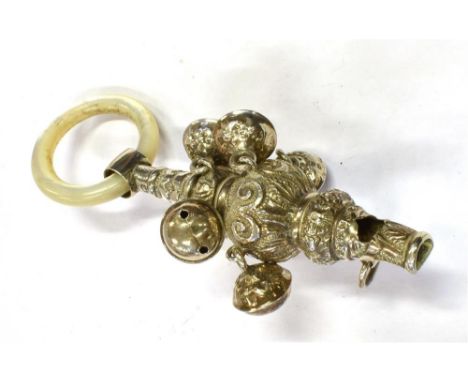 VICTORIAN SILVER, MOTHER OF PEARL RATTLE  Embossed rattle with seven bells and mother of pearl teether, hallmarked London 186