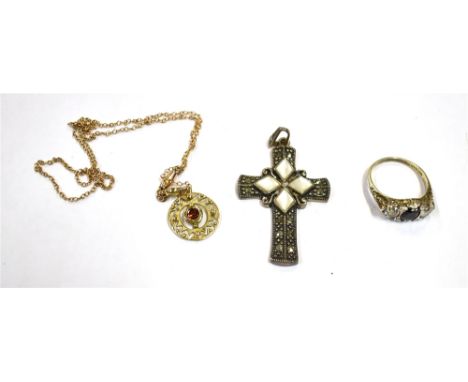 9CT GOLD &amp; SILVER JEWELLERY To include a 9ct gold and garnet set pendant (2.4 grams), a silver dark blue sapphire and CZ 