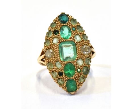 ANTIQUE 15CT GOLD EMERALD &amp; DIAMOND RING 29.5 x 17.1mm navette shaped ring, mille grain set with a central octagonal step