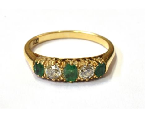 EMERALD &amp; ESTATE CUT DIAMOND FIVE STONE 18ct gold belcher claw set ring, with two old European cut diamonds, est TDW 0.35