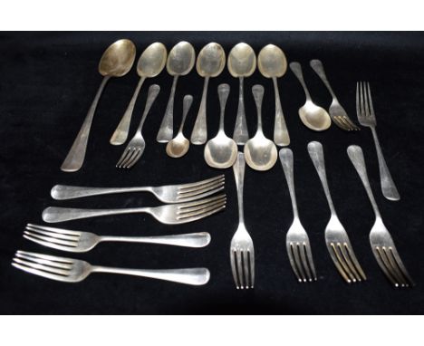 STERLING SILVER FLATWARE In the Hanoverian pattern with rat-tail bowls, to include dinner and side forks, serving spoons, pud