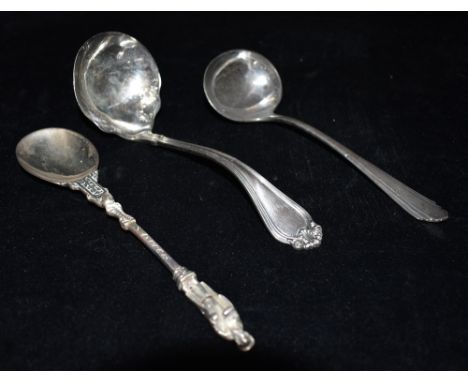 EDWARDIAN SILVER APOSTLE SPOON &amp; LADLES Apostle spoon approx 19cm long, hallmarked Chester 1907, also a thread scroll and