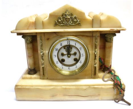 A VICTORIAN MANTEL CLOCK  the circular white enamel dial with black Arabic numerals and a visible escapement, fitted with a t