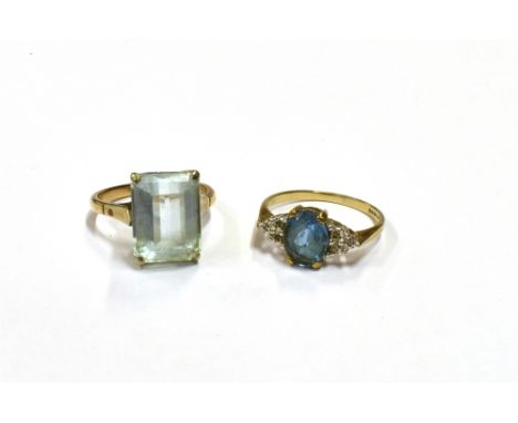 9CT GOLD AQUAMARINE & DIAMOND RINGS To include an octagonal step cut, pale blue aquamarine, estimated 6.5 carats, ring size P