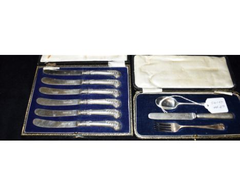 ANTIQUE STERLING SILVER FLATWARE To include a boxed set of six, silver handled knives with scroll handles and EPNS blades, ha