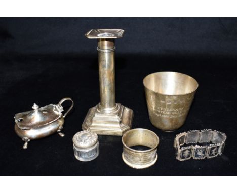VARIOUS ANTIQUE STERLING SILVER ITEMS To include a neo classical shaped candlestick, napkin ring, mustard pot with blue class