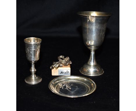 JEWISH SILVER CHALICE, PATEN &amp; CUP Chalice stands 12.5cm tall, decorated with bright cut work depicting a Menorah and fol