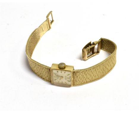 LADIES RETRO 9CT GOLD ROTARY DRESS WATCH 14.3mm square case, silvered dial, gold hands and batons, 21 jewels, manual wind, 13