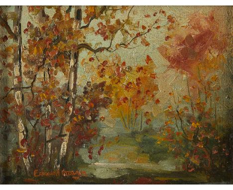 Edmund William Greacen (American, 1876-1949). Small oil on canvas impressionist painting depicting an autumnal landscape. Sig