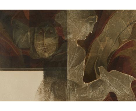 Alvar Sunol Munoz-Ramos (Spanish, b. 1935). Lithograph on paper from the "Barcelona Suite" depicting a figure holding a bird 