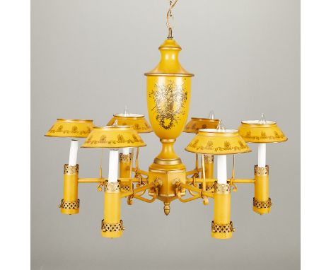 Vintage French Tole style Italian chandelier. Metal with painted enamel decoration in mustard yellow and black. The six arms 