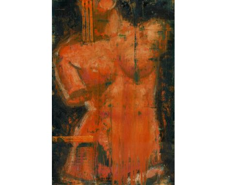 Aaron Fink (American, b. 1955). Oil on linen painting titled "Venus De Milo - Orange" depicting a female bust, 2004. Signed a