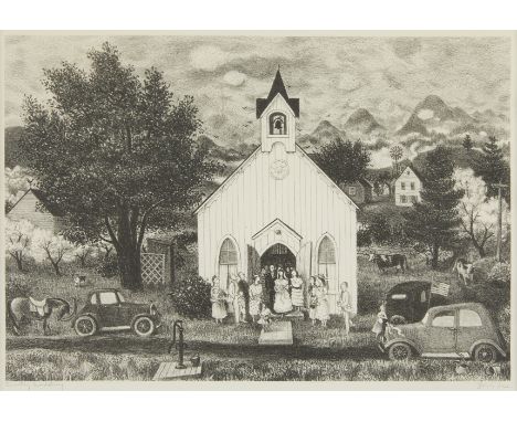 Doris Lee (American, 1905-1983). Lithograph on paper titled "Country Wedding" depicting a folk art scene of a wedding party o