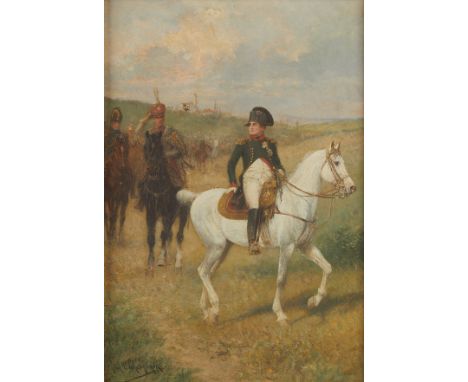 Jan Van Chelminski (Polish, 1851-1925). Oil on panel equestrian painting depicting Napoleon Bonaparte seated on a white horse