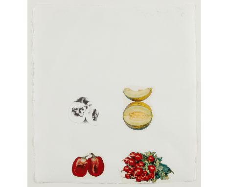 Jim Dine (American, b. 1935). Lithograph and collage on paper titled "Vegetables" depicting a group of vegetables, ca. 1970. 