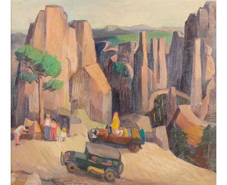 Dewey Albinson (American, 1898-1971). Oil on canvas painting titled "Spires of God" depicting the Cathedral Spires in the Nee