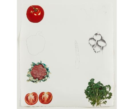Jim Dine (American, b. 1935). Lithograph and collage on paper titled "Vegetables" depicting a group of vegetables, ca. 1970. 
