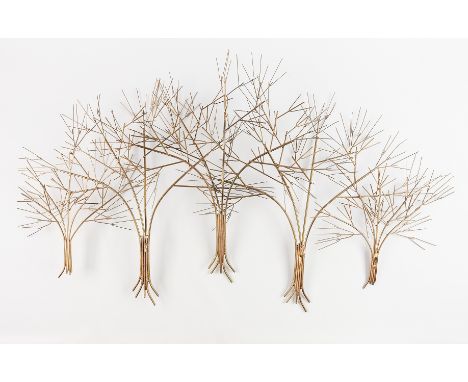 Curtis Jere, United States. Vintage metal hanging wall sculpture depicting five modernist trees. Signed C. Jere on along a pl