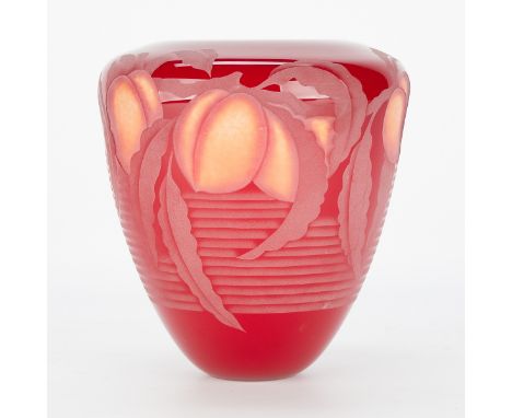 Valerie Surjan (American, b. 1946) for Nourot Art Glass Studio, United States. Red studio art glass cameo vase depicting peac