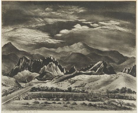 Adolf Dehn (American, 1895-1968). Lithograph on paper titled "Garden of the Gods," depicting a mountainous landscape, 1940. P