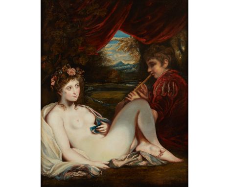 Studio of Joshua Reynolds (English, 1723-1792). Oil on canvas painting titled "Venus and the Piping Boy (Nymph and Boy)" depi