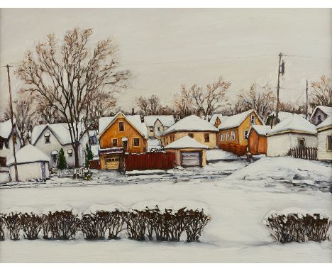 Rod Massey (American, b. 1949). Oil on panel painting titled "Untitled #0217" depicting houses buried in fresh white snow, 20