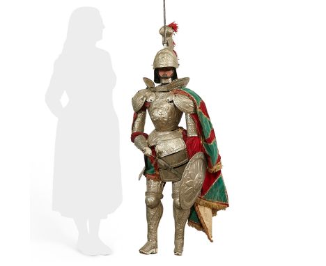Large Italian Sicilian marionette puppet dressed as a knight, 20th century. With a polychrome wooden face, metal and fabric s