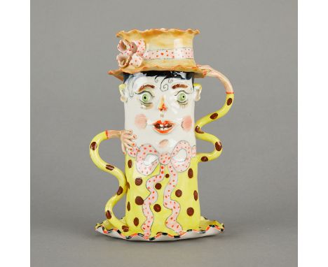 Irina Zaytceba (Russian, b. 1957). Whimsical porcelain figural vase in bright colors with two sinuous handles in the form of 