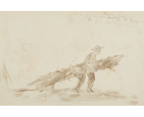 Nicolas Africano (American, b. 1948). Large oil and wax on handmade paper drawing titled "He Tried to Carry Something Too Lar