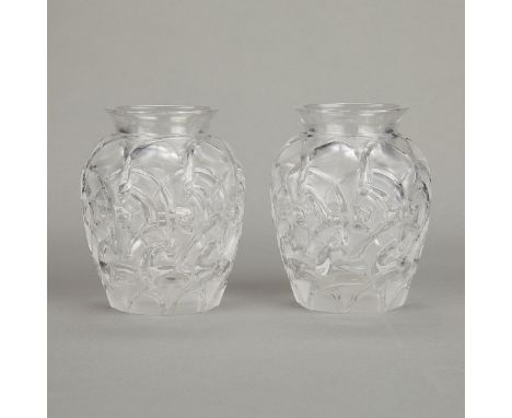 Rene Lalique, France. Pair of two small "Chamois" cut and frosted crystal glass vases. Depicting two rows of ibexes. Original