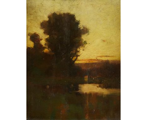Charles Warren Eaton (American, 1857-1937). Oil on canvas landscape painting depicting a low-hanging sun on the horizon of a 