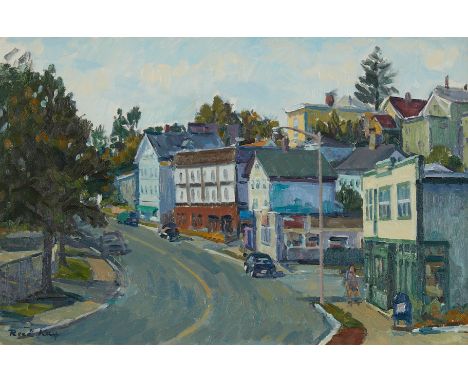 Reed Kay (American, b. 1925). Oil on canvas painting titled "Main Street, Gloucester" depicting city street with storefronts,