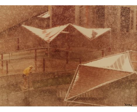 Paul Chesley (American, b. 1946). Color photograph titled "Snow Storm with Canvas" depicting a man caught in a blustery winte