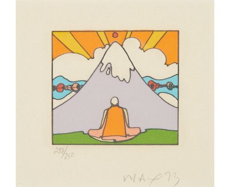 Peter Max (German/American, b. 1937). Lithograph on paper titled "Sage by Mountain" depicting a seated man and a mountainous 