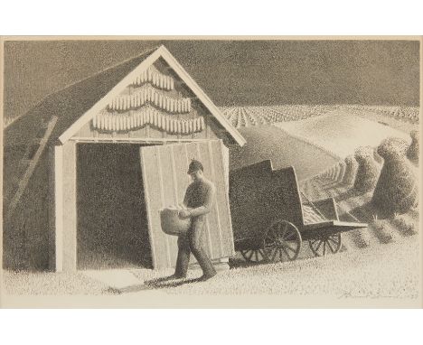 Grant Wood (American, 1891-1942). Lithograph on paper titled "Seed Time and Harvest" depicting a farmer unloading a bushel of