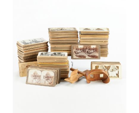 Large group of vintage stereoviews along with a stereoscope. Depicting iconic views from around the world including Michelang