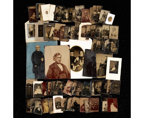 Large group of tintype portrait photography.Size ranges from; height: 6 3/4 x width: 5 in to height: 2 in x width: 1 1/2 in. 
