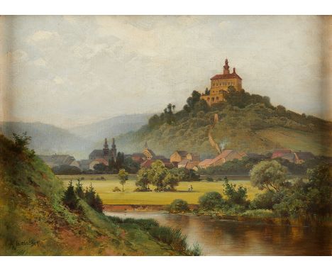 Karel Liebscher (Czech, 1851-1906). Oil on canvas landscape painting depicting a hilltop castle surrounded by an idyllic rive