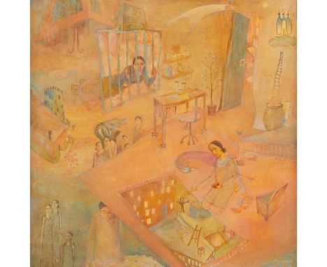 Dhruva Mistry (Indian/British, b. 1957). Oil on panel painting titled "Another Day in Paradise" depicting a surrealist or myt