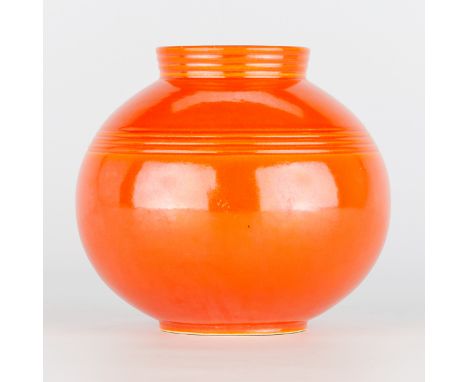 May &amp; Vieve Hamilton Pottery for Vernon Kilns, United States. Orange pottery vessel titled "Spheres No. 4" in the form of