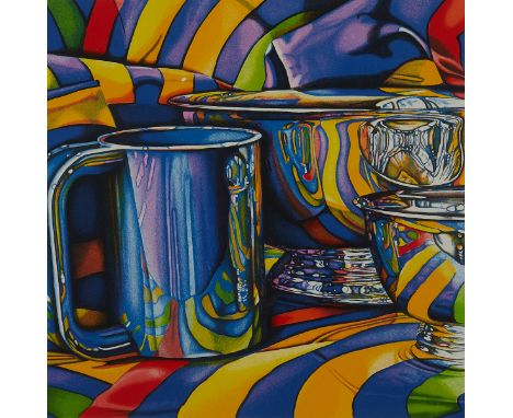 Jeanette Pasin Sloan (American, b. 1946). Lithograph titled  "Blue Cup" depicting silver objects on a colorful striped sheet,